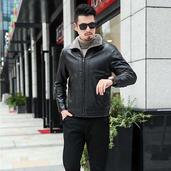 

thickened pu leather men's jacket winter fur leather coat mens faux fur thick warm long suede jacket, Black