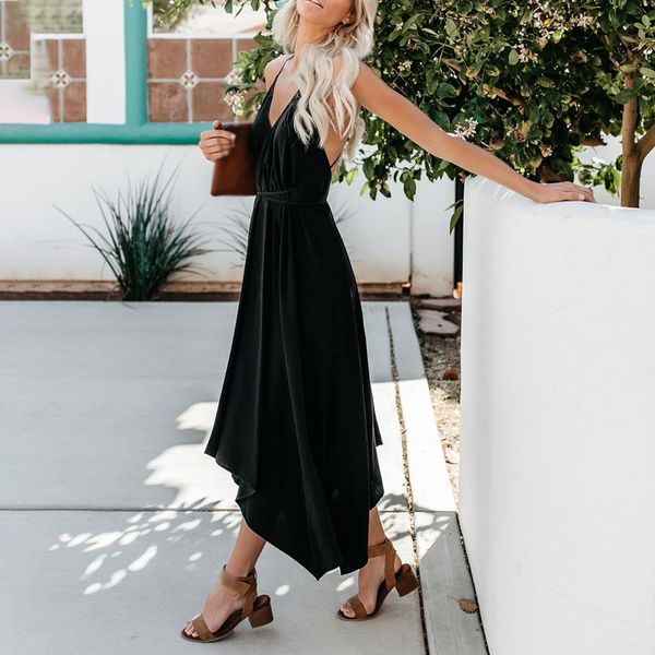 

2019 new ladies fashion v-neck spaghetti straps backless long dress, Black;gray