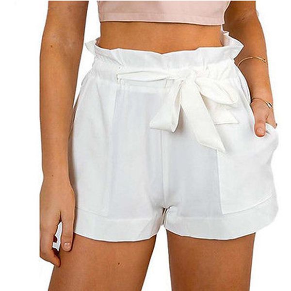 

gaoke new casual women shorts pleated waist a-line shorts with bow sashes fashion summer female drawstring pockets, White;black
