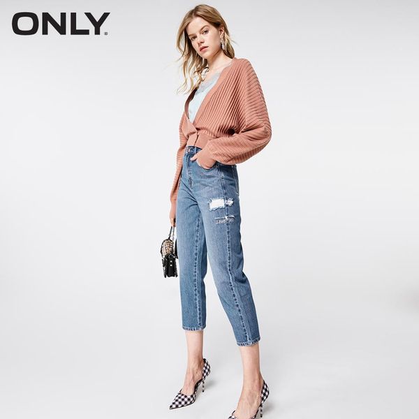 

only 2019 spring summer new women's high-rise loose fit ripped crop jeans |119149648, Blue