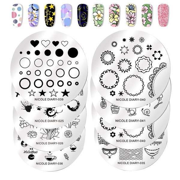 

nicole diary round nail art stamp template valentine's day flower vine rose floral image printing plate for manicure stencil, White
