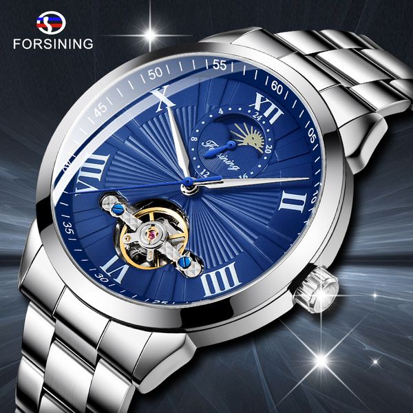 

forsining fashion sport classic mechanical watches automatic men's stainless steel moon phase watch relogio masculino, Slivery;brown