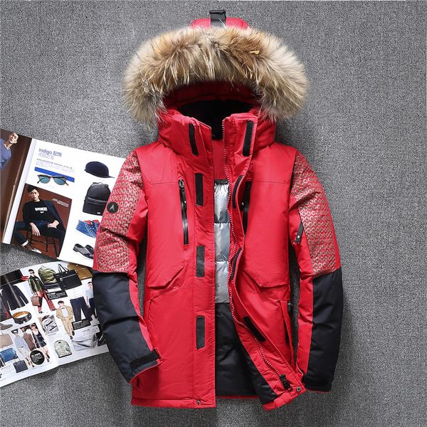 

winter men thick white down jacket with hood detached warm waterproof fur collar outwear casual duck down jacket for -35 degrees, Blue;black