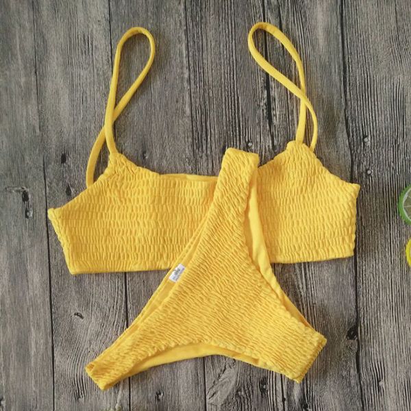 

yellow ruffles crochet bikini set women push-up padded bra biquini swimsuit triangle swimwear bathing suit mujer, White;black