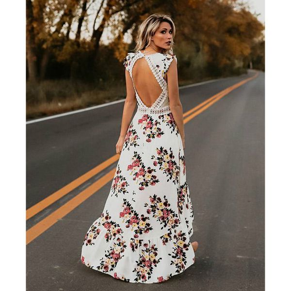 

elegant brand womens boho maxi long dress party bohemian beach holiday sundress flower backless dresses, White;black