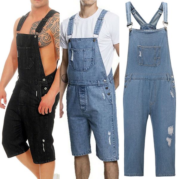 

Men's Distressed Denim Carpenter Overall Bib Jumpsuits Moto Biker Jeans Shorts
