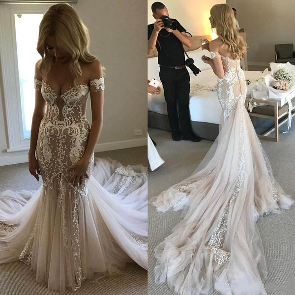 

amazing beaded lace mermaid wedding dresses off the shoulder plunging neck buttons back bridal gowns appliqued plus size vestidos de nnovia, White