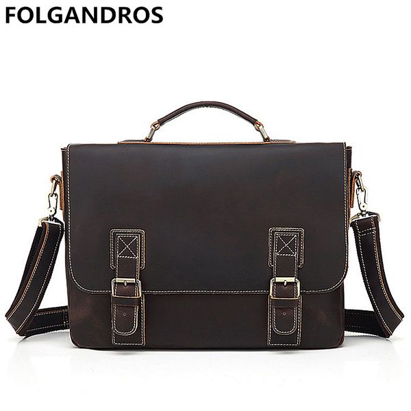 

men's retro crazy horse leather handbags cowhide 16'' lapbusiness shoulder messenger bag large capacity handbag