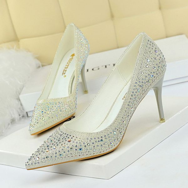 

2019 fashion high heels women's wedding shoes sequined cloth pointed toe thin heels 7cm female pumps shallow mouth women shoe, Black