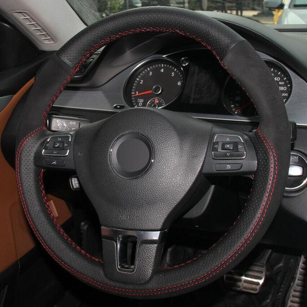

black leather suede car steering wheel cover for vw golf tiguan passat cc touran