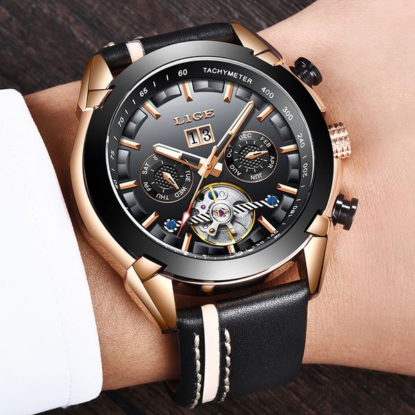 

2019 new mechanical men watch lige luxury automatic mechanical watch male leather waterproof sport men business wristwatch, Slivery;brown