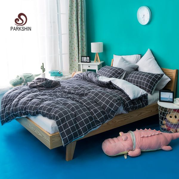 

parkshin black grid bedding set double  duvet cover set single nordic bed linens gray flat sheet pillowcase home textiles