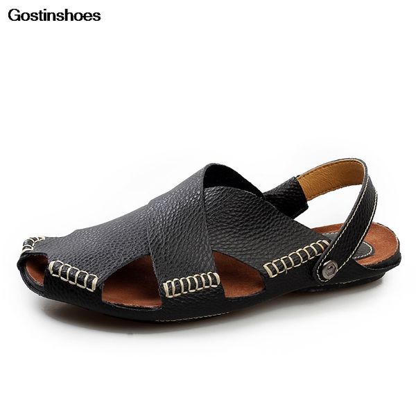 

sandalias masculina cowhide men sandals new casual leather shoes beach zapatos de hombre sandalet, Black
