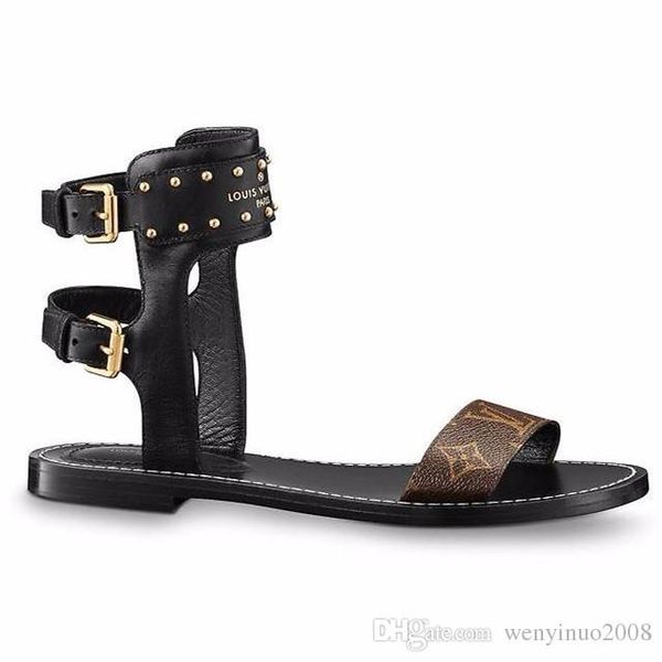 

branded women print letter leather nomad sandal buckle strap elegant girl open toe studs casual sandals, Black