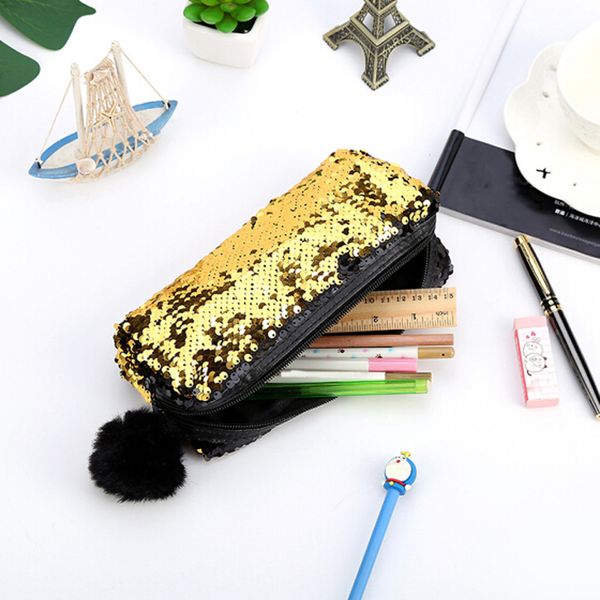 

fashion flash sequins plush ball pencil bag student office supplies stationery cloth girl school supplies