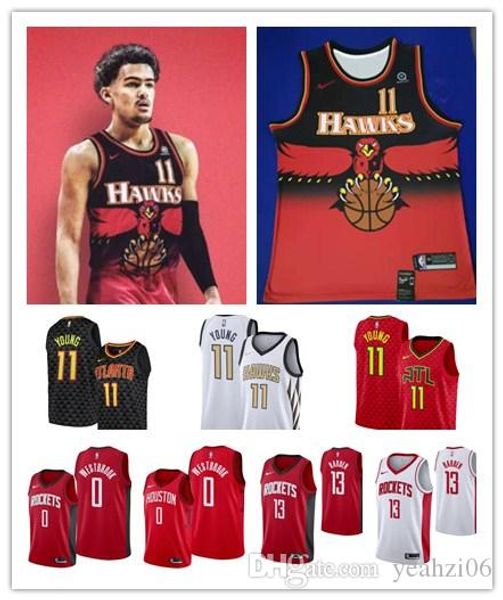 

men's atlanta trae 11 young hawks jersey 12 de'andre deandre hunter houston james 13 harden rockets russell 0 westbrook basketball, Black;blue