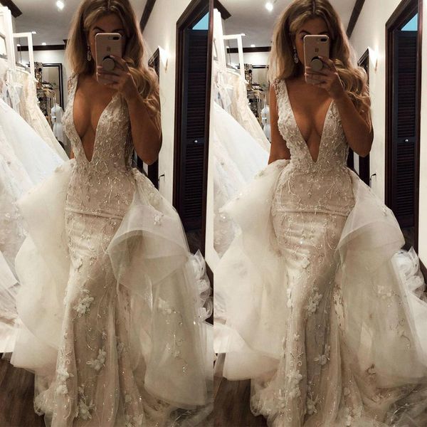 

v neck mermaid wedding dresses with detachable train lace applique beads sweep train robe de mariee 2020 custom made wedding gowns, White