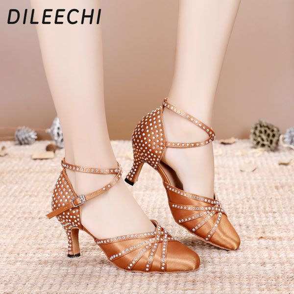 

dileechi tan satin rhinestones latin modern dance shoes women autumn and winter ballroom dancing shoes 7.5cm closed toe