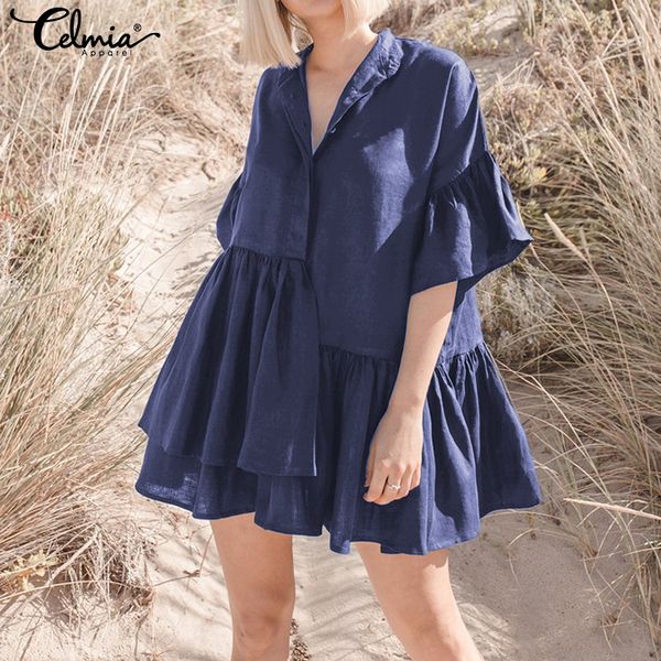 

celmia women ruffle mini dress plus size v-neck half sleeve buttons casual loose shirt dress 2019 summer beach vestidos, Black;gray
