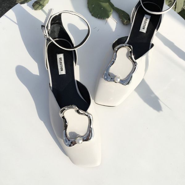 

women's genuine leather metal buckle ankle strap flats sandals square toe female comfortable casual summer footwear shoes women, Black