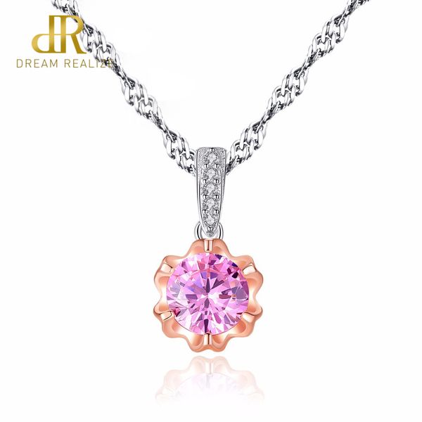 

dr rose gold flower small pendant with pink zircon stone necklace for women fine wedding jewelry bijouterie, Silver