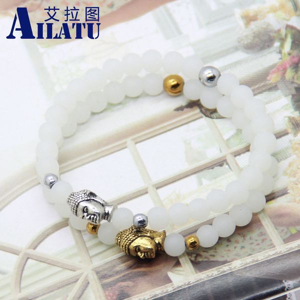 

ailatu wholesale 12pcs women and men white stone beads buddha bracelet, Golden;silver