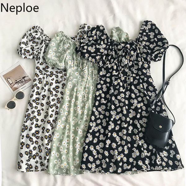 

neploe daisy печати платье женщины моды разрез шеи с коротким рукавом дамы vestidos лето 2020 элегантная тонкая талия женские платья, Black;gray