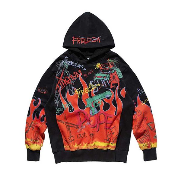 

2019 vintage fire flame print hooded sweatshirts hip hop casual streetwear hoodies men punk rock pullover loose high street, Black