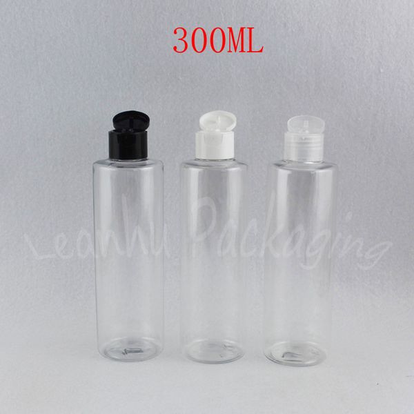 Garrafa plástica transparente 300ml flip tampa superior, 300cc shampoo / garrafa de embalagem do gel do chuveiro, recipiente
