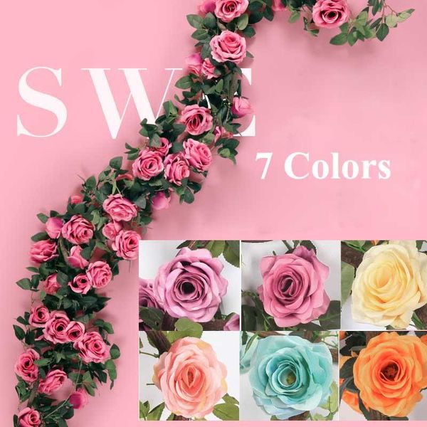 220 cm Artificiale Fiore di Rosa Vite Matrimonio Decorativo Real Touch Fiori di Seta con Foglie Verdi per la Decorazione della Ghirlanda Appesa a Casa