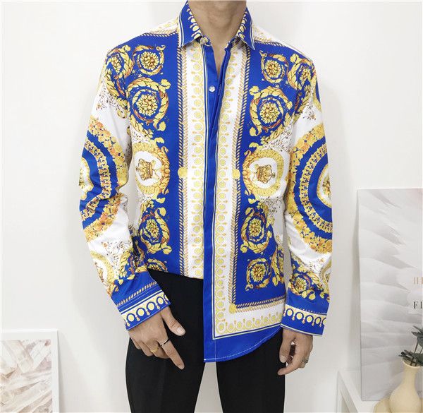 

2019 new designer slim shirt men's 3d medusa black gold floral print men's dress medusa long sleeve business casual shirt, White;black