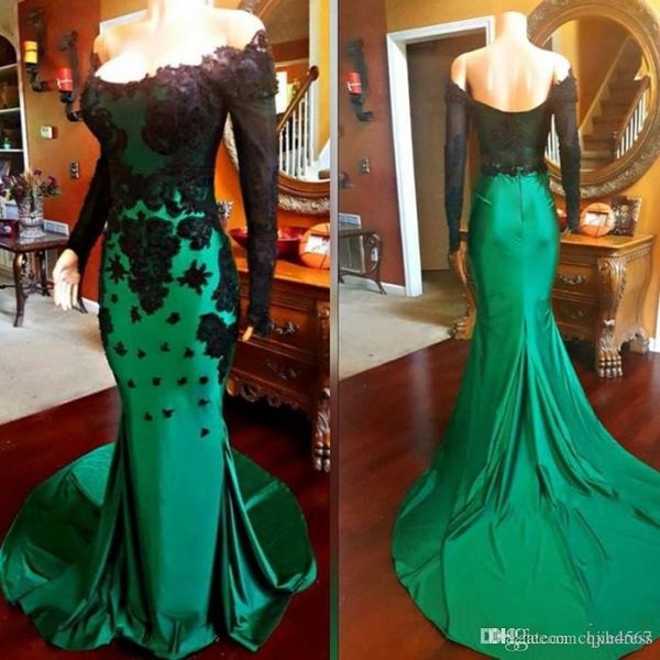 

2019 new elegant long black prom dresses mermaid lace green available off shoulder sleeves for woman plus size vestido de noiva aw250