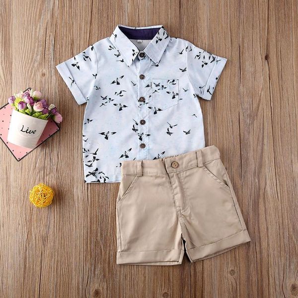 

kids baby boys clothes suit two pieces set summer short sleeve button shirt shorts pants outfits, White