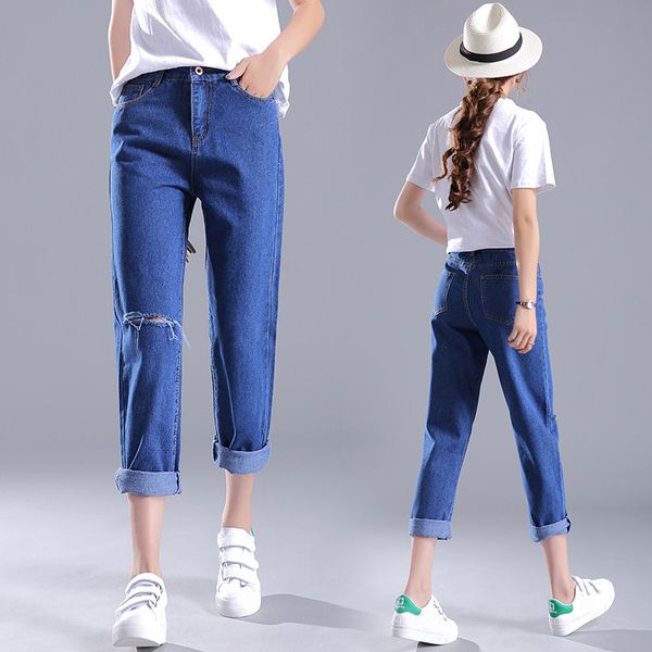 

wholesale 2019 spring and summer new style korean-style loose-fit women's pants high-waisted with holes capri harem pants women, Blue