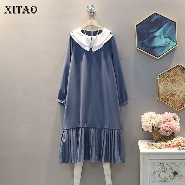 

xitao hem pleated women dress fashion new pullover full sleeve small fresh casual patchwork minority casual dress dmy2665, Black;gray