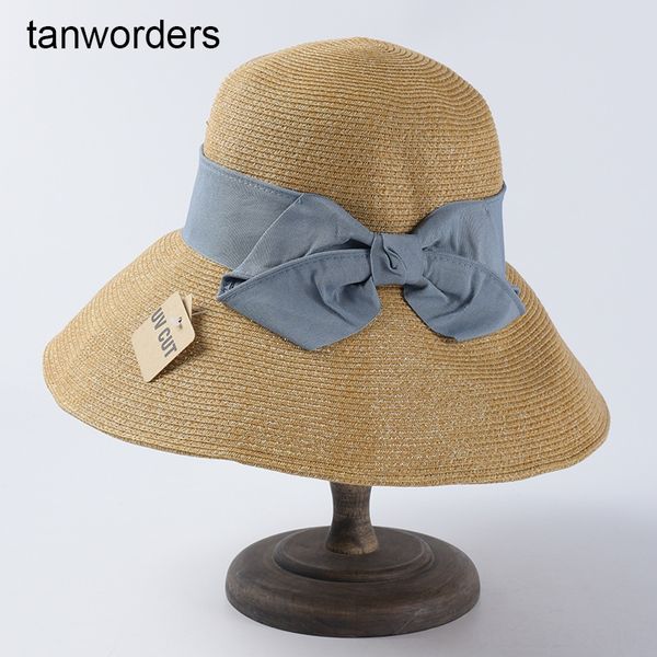 

li straw bow big eaves folding sunshade straw sunshade sun hat uv sun hat, Blue;gray