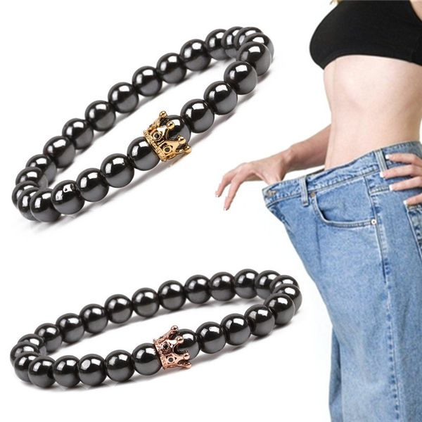 

golden&black charm natural stone bracelets crown dumbbells men's bracelets hematite beads bracelet for women men, Golden;silver