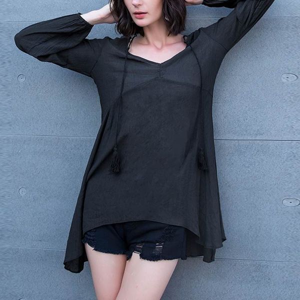 

summer dress women casual long sleeve v-neck elegant party dress loose asymmetric tassel female solid boho plus size, Black;gray