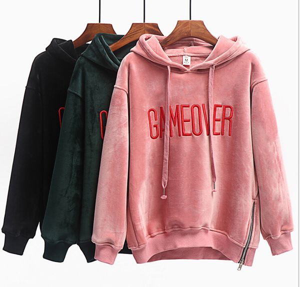 

hoodies autumn and winter new women's plus velvet hooded embroidery loose women's wild sweater, Blue;black