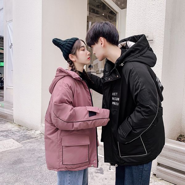 

new winter tooling jacket men's warm parka men fashion thick letter printing casual hooded coat man wild loose cotton jacket, Black