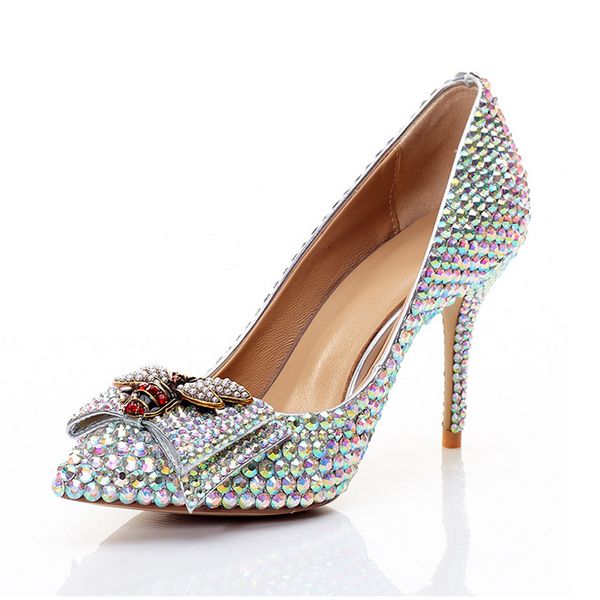 Shinning Ab Crystal Pointed Toe Wedding Shoes Woman Bride Fashion