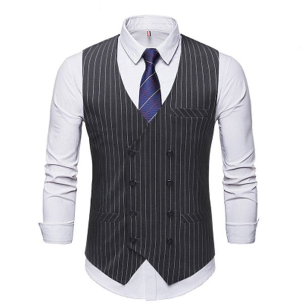 

vest men wear all seasons fashion slim gentleman suit double-breasted stripes business professional wear black gray navy vest, Black;white