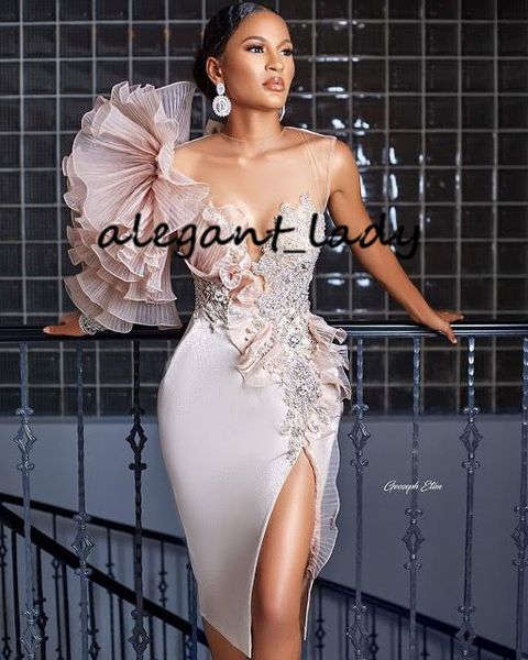 

aso ebi lace styles short prom dresses 2020 sheer neck ruffles flower beaded crystal slit evening pageant party gowns, Black