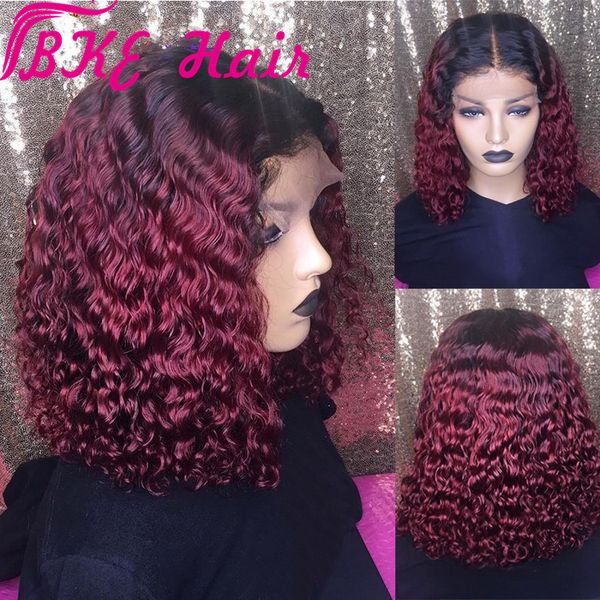 Ombre Red Blonde Color Brazilian Curly Hair Wig Side Part Boblace