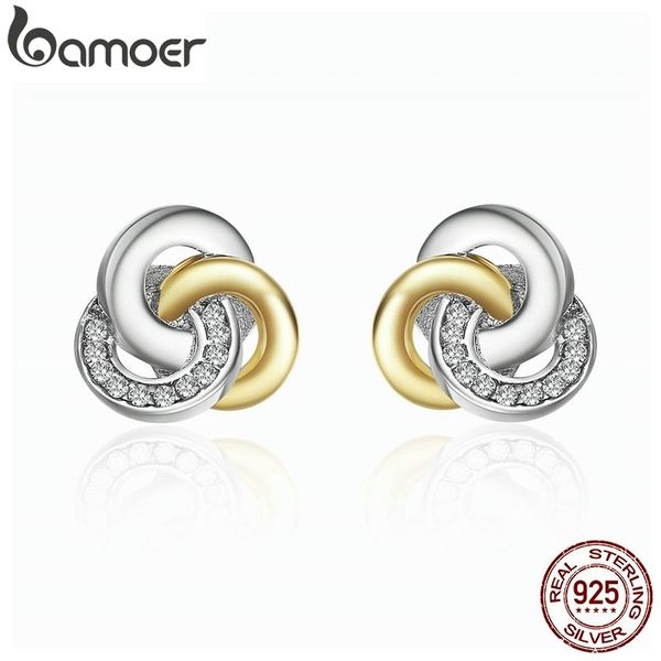 

bamoer genuine 925 sterling silver interlinked circles, dazzling cz geometric stud earrings for women fine jewelry bijoux pas511 t7190617, Golden;silver