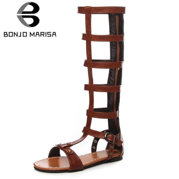 

bonjomarisa summer trendy rome flat sandals elegant knee high gladiator sandals women casual low heel summer shoes woman, Black