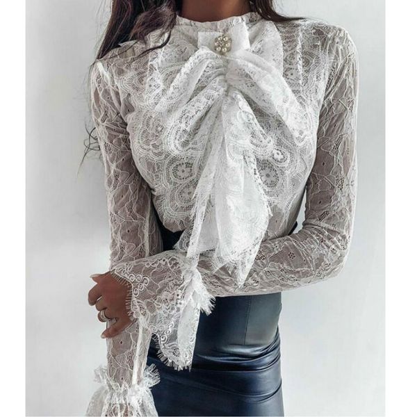 

мода элегантных женщин прозрачный bowknot lace блуза flare с длинным рукавом рубашки slim fit повседневный блуза, White