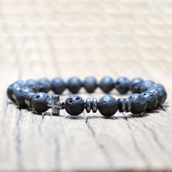 

античный природный камень бусины лава браслет черный гематит made cross braslet для мужчин ювелирные изделия pulseira masculina, Black