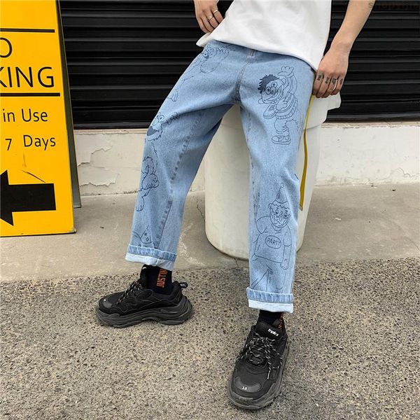 

new cotton loose high waist nine pants harajuku women retro fun cartoon print jeans cute anime jeans female autumn, Blue