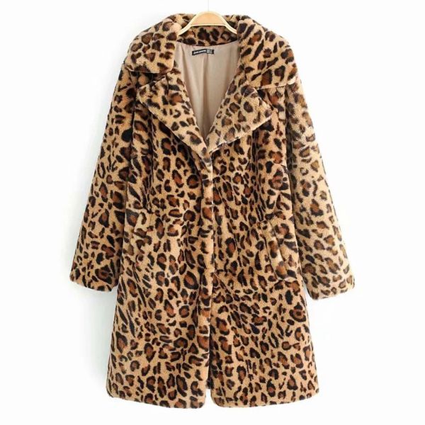 

vintage teddy coat long sleeve leopard print faux fur coat women autumn winter cardigan plush fur fluffy jacket femme plush, Black